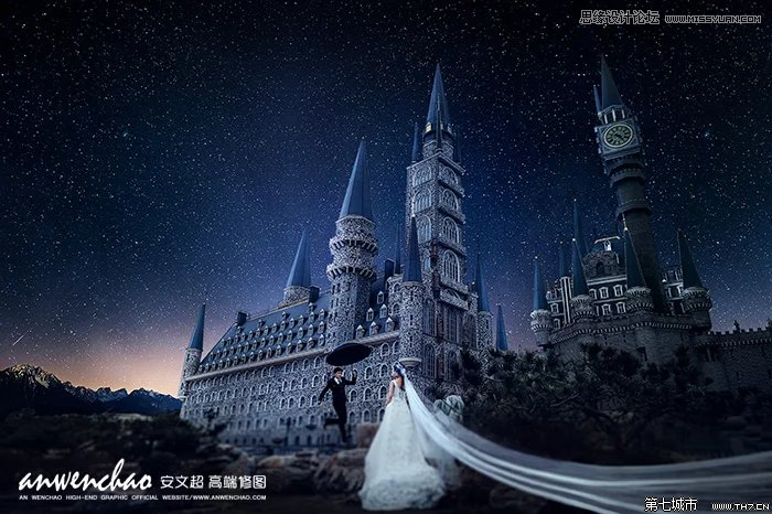 Photoshop给城堡婚纱照片添加梦幻夜景星空背景,PS教程,th7.cn