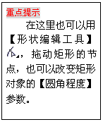 文本框: 重点提示
在这里也可以用【形状编辑工具】 ，拖动矩形的节点，也可以改变矩形对象的【圆角程度】参数。
