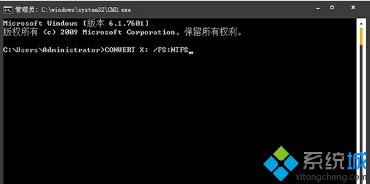 输入CONVERT X: /FS:NTFS