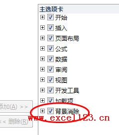 在“Excel选项”中设置让“背景消除”选项卡显示在功能区中
