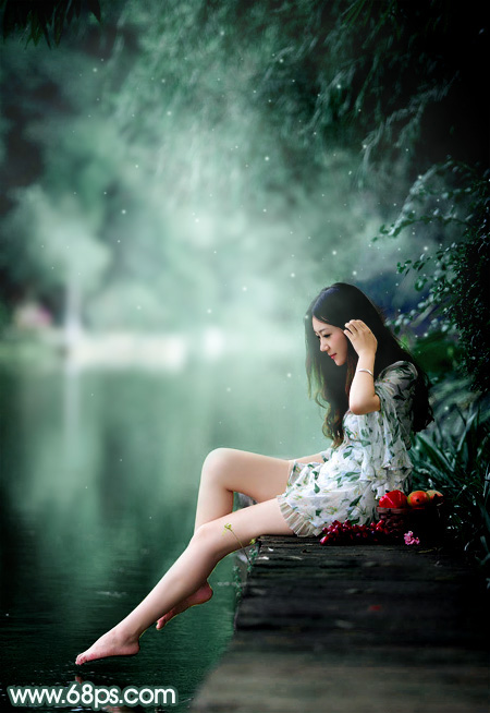 Photoshop给湖边的美女加上童话中的梦幻青色调 全福编程网