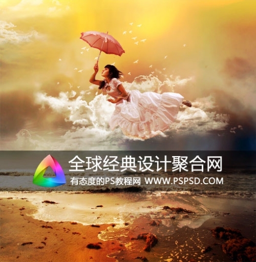 PS经典合成海边带伞飞翔的仙女  全福编程网