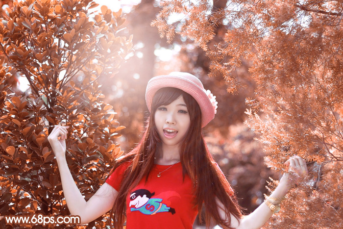 Photoshop打造唯美的橙红色树林人物图片 全福编程网