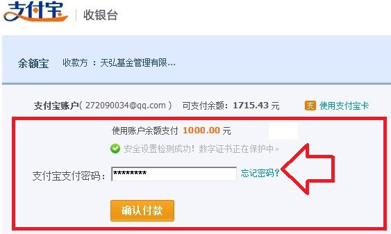 输入支付宝支付密码确认付款