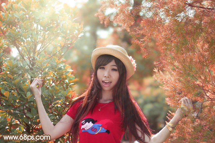 Photoshop给绿叶中的人物加上唯美的秋季橙红色 全福编程网